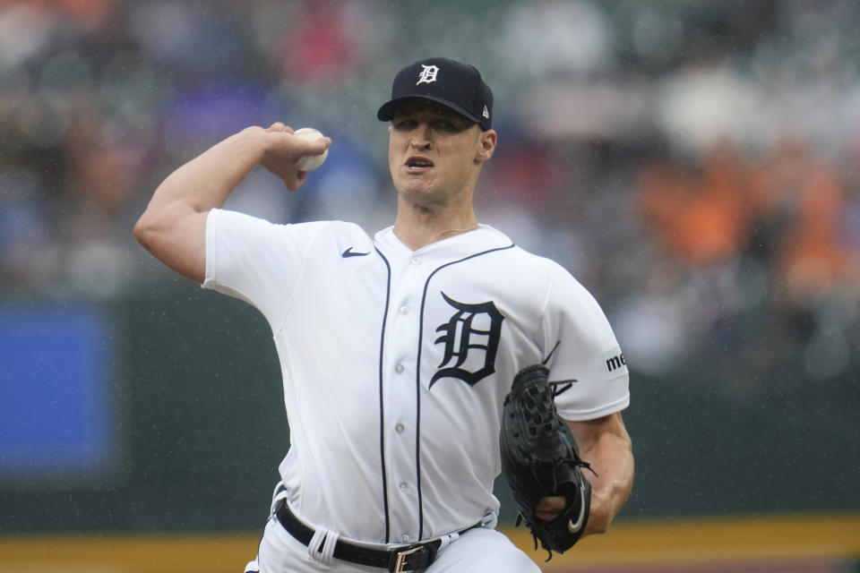 Detroit Tigers pitcher Matt Manning threw 91 pitches in 6 2/3 innings. (AP Photo/Paul Sancya)