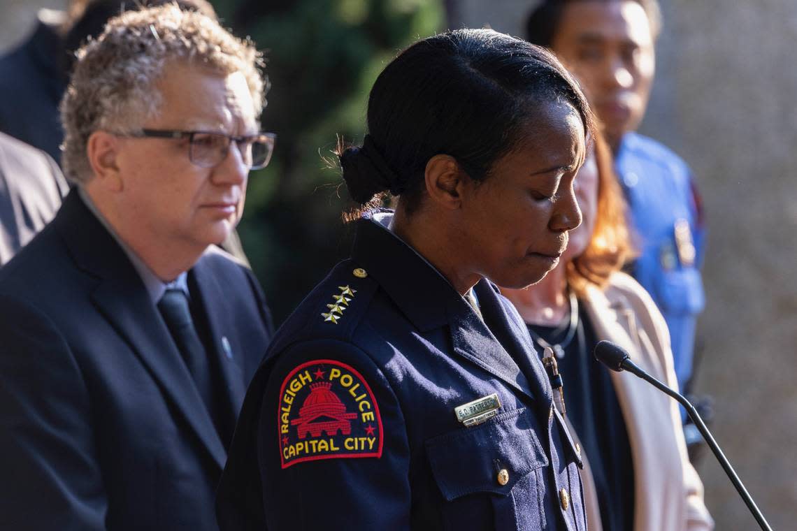 Raleigh Chief of Police Estella Patterson speaks during a press conference Friday, Oct. 14, 2022 outside the Avery C. Upchurch Municipal Complex in Raleigh following a mass shooting that left 5 people dead Thursday in Raleigh’s Hedingham neighborhood.
