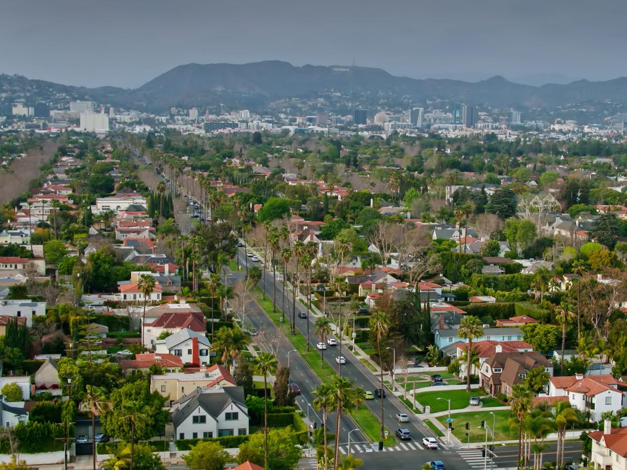 Drone shot of homes in the Mid-Wilshire neighborhood of Los Angeles, California.