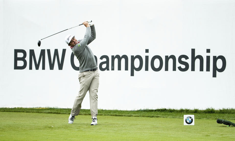 Keegan Bradley tees off on the 18th hole during the BMW Championship golf tournament at the Aronimink Golf Club, Monday, Sept. 10, 2018, in Newtown Square, Pa. Bradley held off Justin Rose in a sudden-death playoff to win the rain-plagued BMW Championship for his first PGA Tour victory in six years. (AP Photo/Chris Szagola)