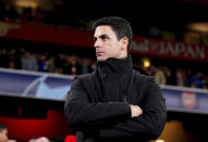 Arsenal manager Mikel Arteta ahead of the Champions League round of 16, second leg soccer match between Arsenal and Porto at the Emirates Stadium, London, Tuesday March 12, 2024. (Zac Goodwin/PA via AP)
