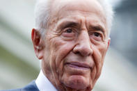 <p>Israeli President Shimon Peres pauses while speaking to the media outside the West Wing of the White House in Washington, Wednesday, June 25, 2014, following his meeting with President Barack Obama. (AP Photo/Jacquelyn Martin) </p>