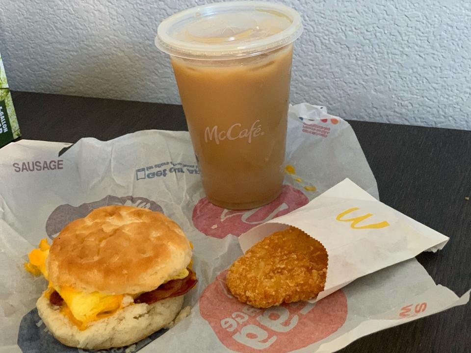 McDonald's breakfast spread on wooden table