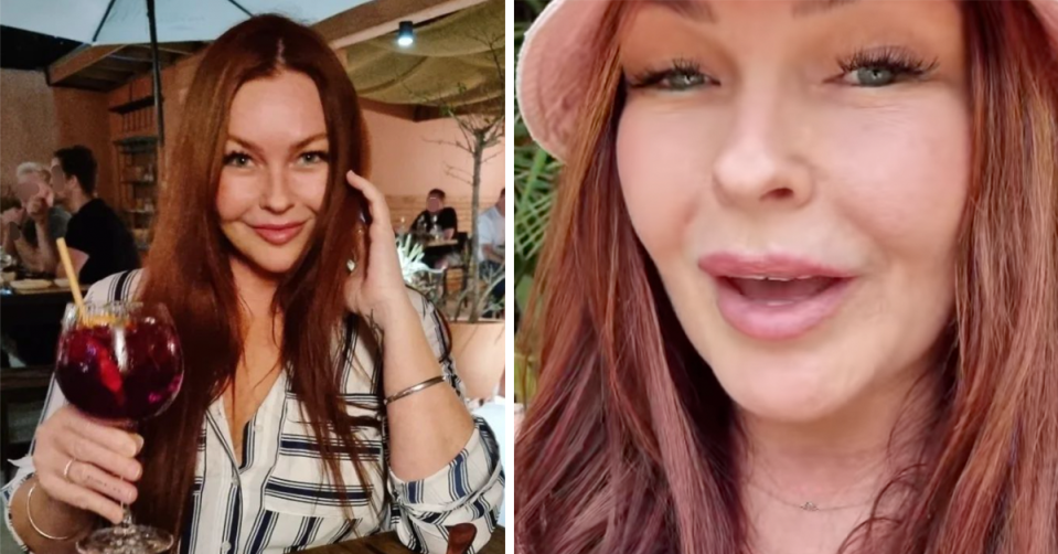 Schapelle Corby sits with a cocktail in a restaurant (left) and speaks to followers in a close-up video (right). 