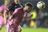 Inter Miami forward Lionel Messi heads the ball during the second half of an MLS soccer match against D.C. United, Saturday, May 18, 2024, in Fort Lauderdale, Fla. (AP Photo/Lynne Sladky)