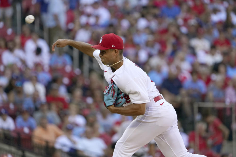 St. Louis Cardinals starting pitcher Jordan Hicks throws during the first inning of a baseball game against the Los Angeles Dodgers Tuesday, July 12, 2022, in St. Louis. (AP Photo/Jeff Roberson)