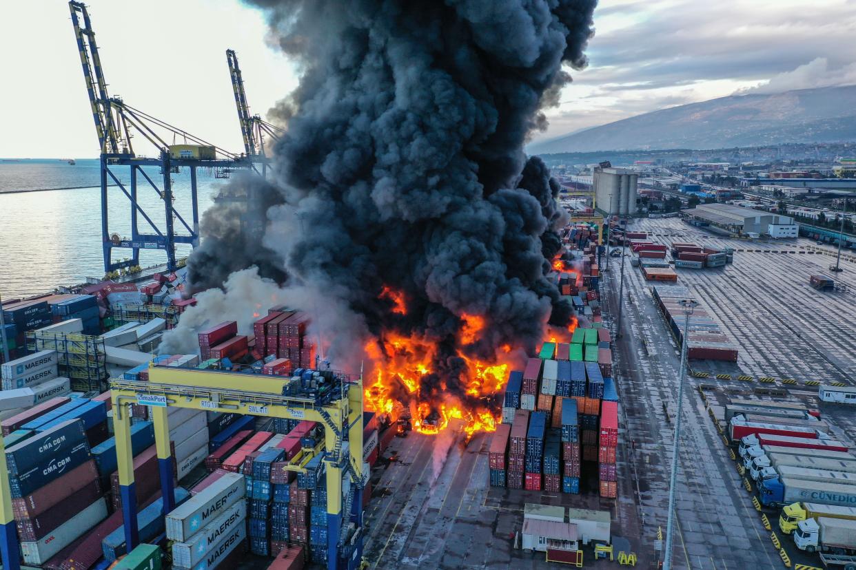 Fire in the containers overturned in the earthquake in Iskenderun Port continues (Anadolu Agency/Getty)