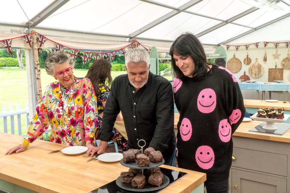 Prue Leith, Paul Hollywood, and Noel Fielding on "The Great British Baking Show"