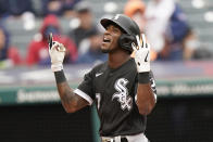 Chicago White Sox's Tim Anderson celebrates after hitting a three-run home run in the second inning in the first baseball game of a doubleheader against the Cleveland Indians, Thursday, Sept. 23, 2021, in Cleveland. (AP Photo/Tony Dejak)