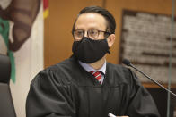 Judge Miguel Espinoza speaks during actor Danny Masterson's arraignment in Los Angeles Superior Court in Los Angeles, Friday, Sept. 18, 2020. Masterson, from "That '70s Show", was arraigned on three rape charges. (Lucy Nicholson/Pool Photo via AP)