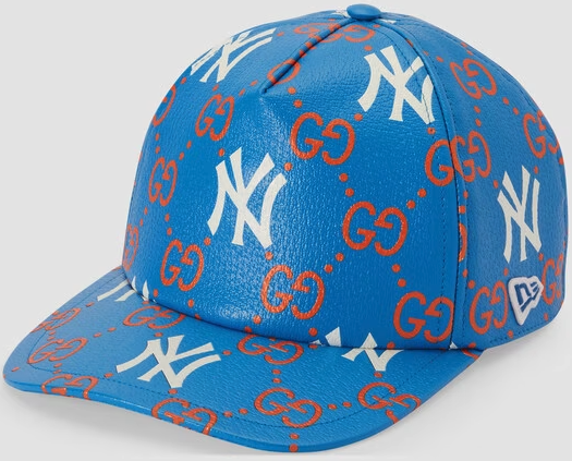 blue, orange and white leather hat with yankee and gucci logos