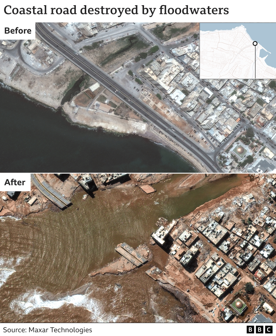 Satellite images shows coastal road before and after the flood