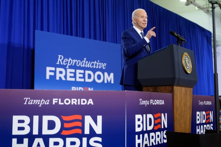 <em>President Joe Biden speaks about reproductive freedom on Tuesday, April 23, 2024, at Hillsborough Community College in Tampa, Fla. Biden is in Florida planning to assail the state’s upcoming six-week abortion ban and similar restrictions nationwide. (AP Photo/Manuel Balce Ceneta)</em>