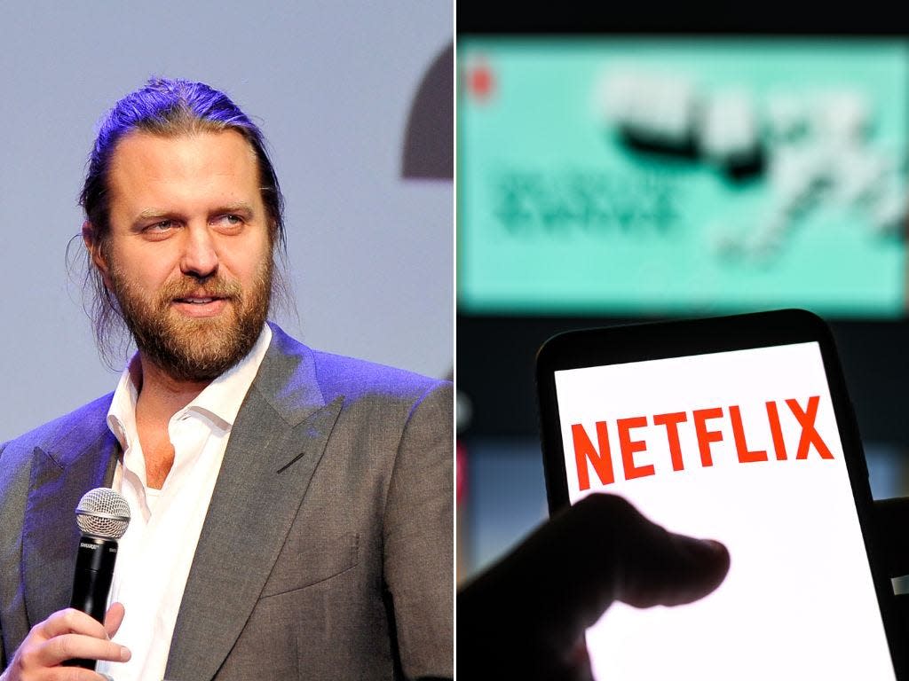 A composite image of Carl Erik Rinsch and the Netflix logo on a phone screen.