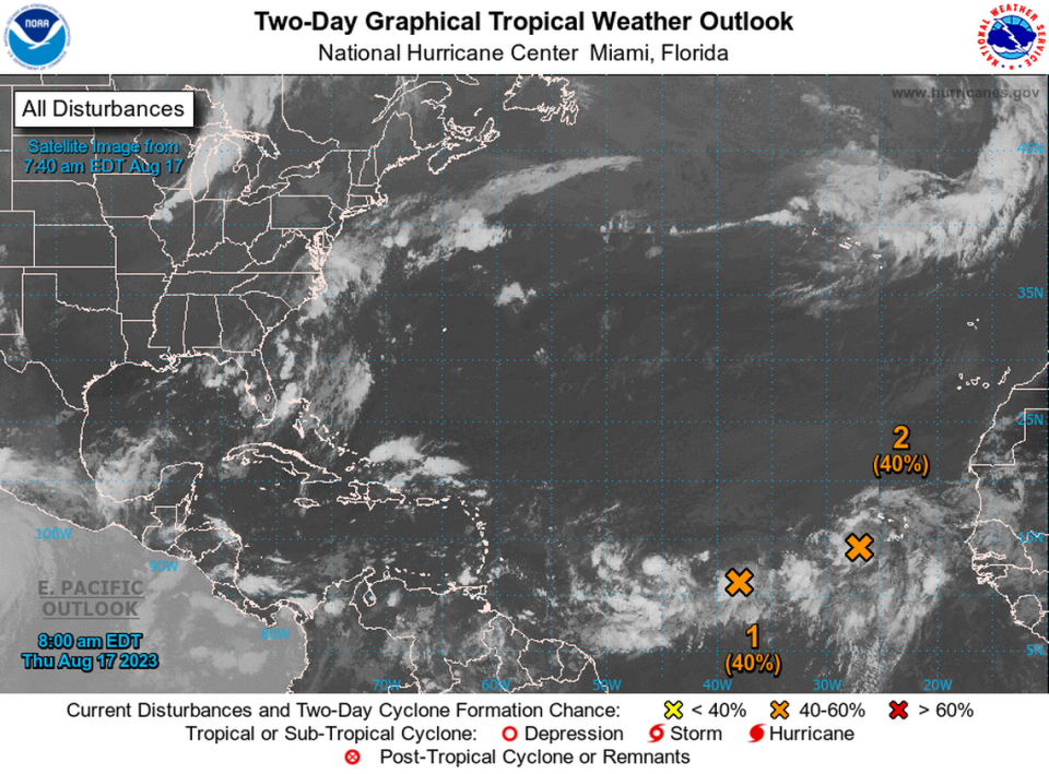 National Hurricane Center tropics map at 8 a.m. Aug. 17, 2023.