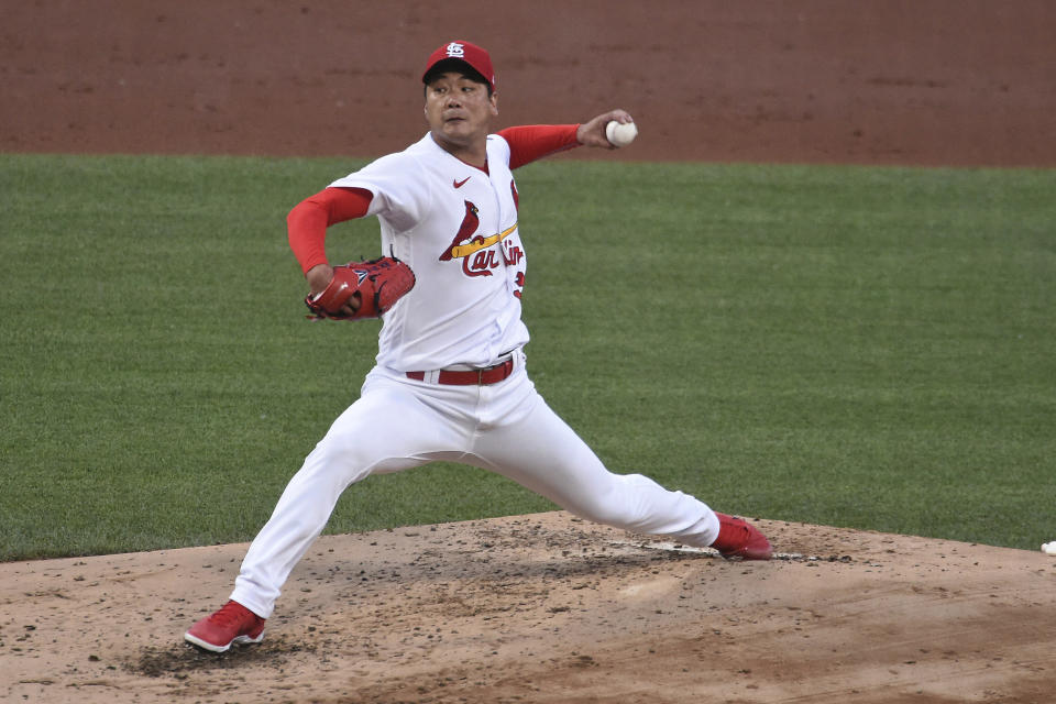 St. Louis Cardinals starting pitcher Kwang Hyun Kim throws during the third inning of the team's baseball game against the Miami Marlins on Tuesday, June 15, 2021, in St. Louis. (AP Photo/Joe Puetz)