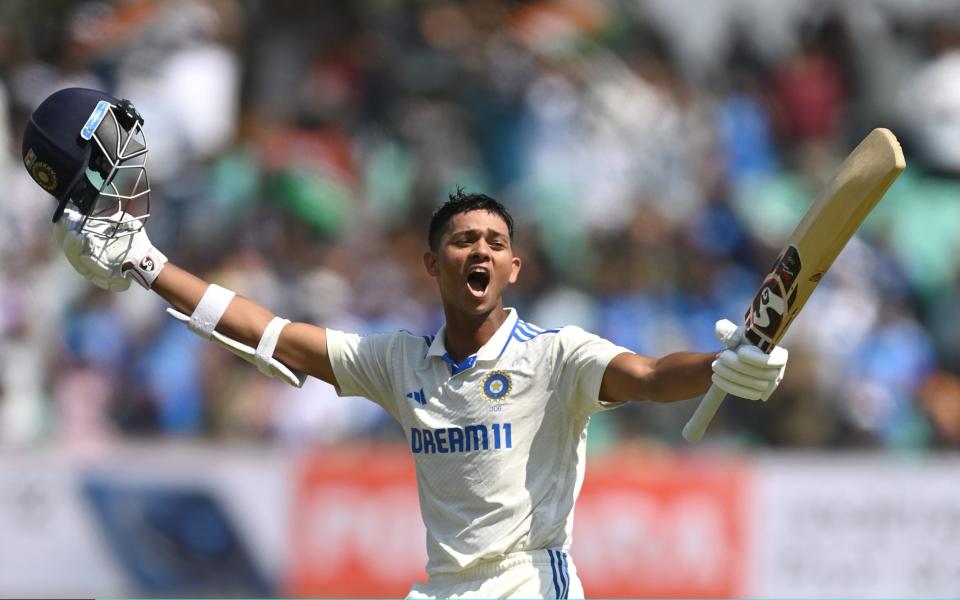 Yashasvi Jaiswal celebrates after reaching his double century