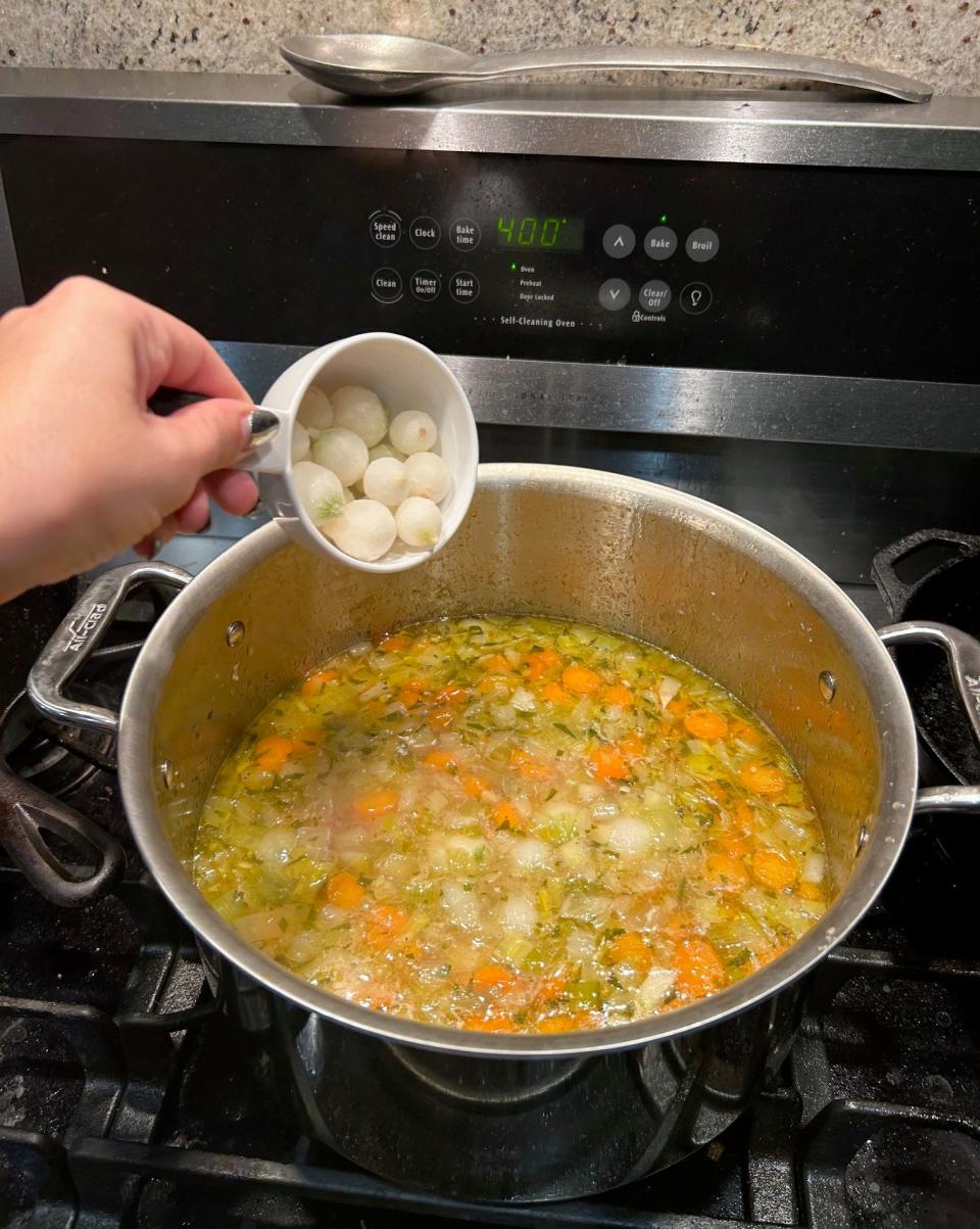 Adding pearl onions to Ina Garten's chicken pot pie soup