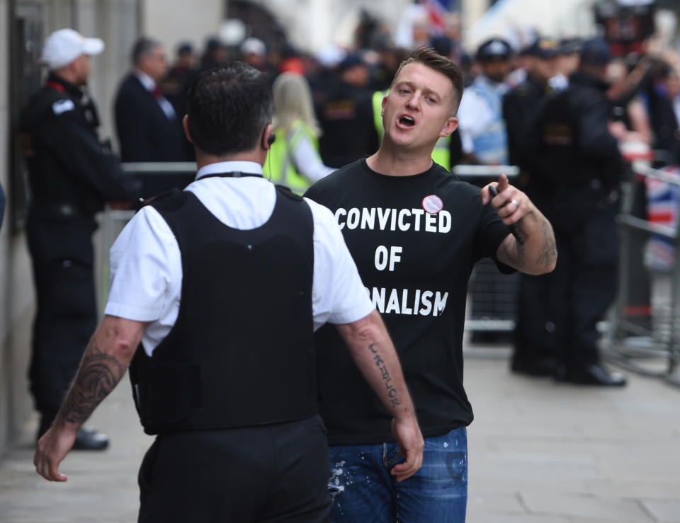 Tommy Robinson arrives for his sentencing at the Old Bailey in London.