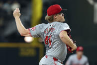 Cincinnati Reds starting pitcher Andrew Abbott delivers in the first inning against the Texas Rangers in the first inning of a baseball game Sunday, April 28, 2024, in Arlington, Texas. (AP Photo/Richard W. Rodriguez)