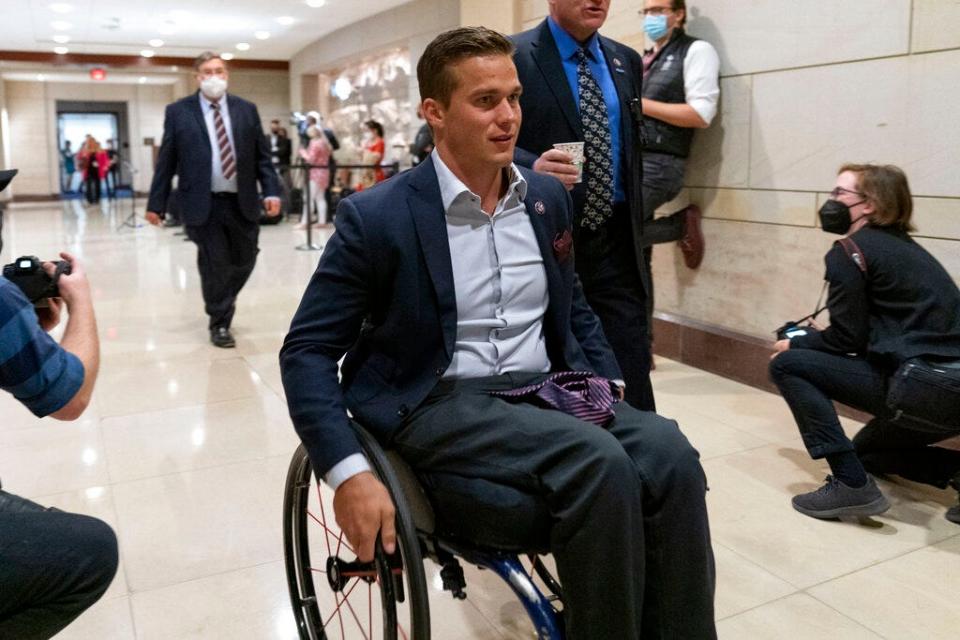 Rep. Madison Cawthorn, R-N.C., arrives as the House Republican Conference meets to elect a new chairman to replace Rep. Liz Cheney, R-Wyo., on May 14. The first-term congressman has become one of Capitol Hill's biggest fundraisers.