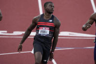 Trayvon Bromell wins the first semi-final of the men's 100-meter run at the U.S. Olympic Track and Field Trials Sunday, June 20, 2021, in Eugene, Ore. (AP Photo/Chris Carlson)