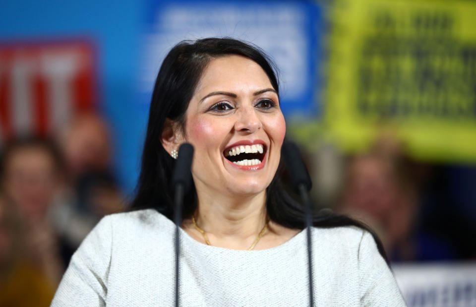 COLCHESTER, ENGLAND - DECEMBER 02: Britain's Home Secretary Priti Patel reacts during a campaign rally event on December 2, 2019 in Colchester, England. (Photo by Hannah McKay - WPA Pool/Getty Images)