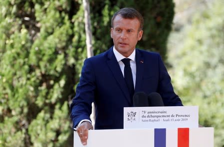 FILE PHOTO: French President Emmanuel Macron attends a ceremony marking the 75th anniversary of the Allied landings in Provence in World War Two which helped liberate southern France, in Boulouris