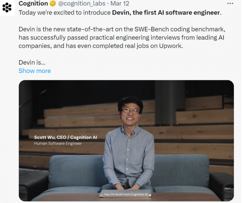 <cite>Cognition於12日正式推出Devin，頓時成為科技圈最熱門新創公司之一。（圖／翻攝自X／Cognition）</cite>