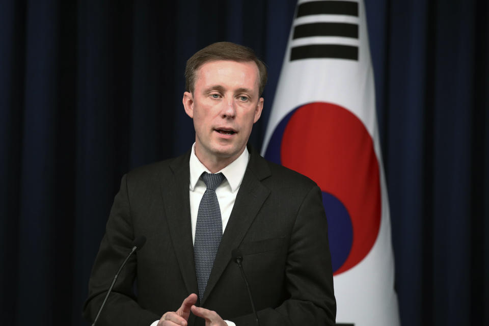 U.S. National Security Advisor Jake Sullivan speaks at a joint news conference with South Korea's National Security Adviser Cho Tae-yong and Japan's National Security Secretariat Secretary-General Takeo Akiba at the presidential office, Saturday, Dec. 9, 2023, in Seoul, South Korea. The meeting comes as the three countries are stepping up cooperation amid North Korea's persistent military threats and Russia's protracted war in Ukraine. (Chung Sung-Jun/Pool Photo via AP)
