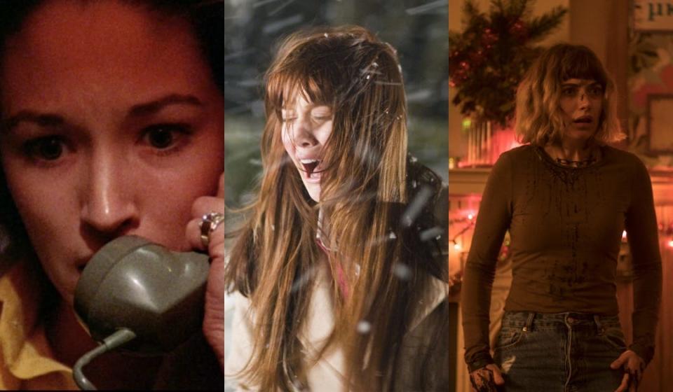 From left, Olivia Hussey in 1974's "Black Christmas," Mary Elizabeth Winstead in 2006's "Black Christmas" and Imogen Poots in 2019's "Black Christmas." The holiday horror film debuted in 1974 and has been remade twice.