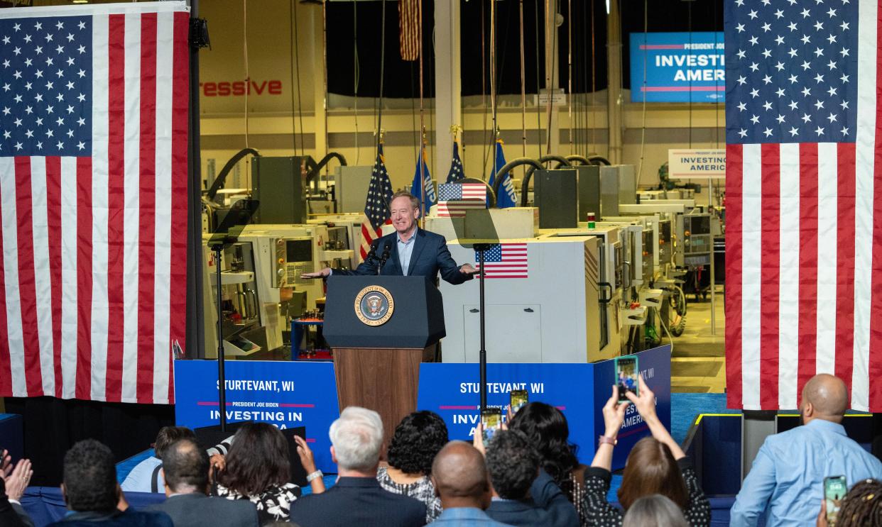 Microsoft President Brad Smith speaks before President Joe Biden on Wednesday at Gateway Technical College in Sturtevant. Smith joined Biden to highlight Microsoft's moves, which build upon the company's previous investments in the state.