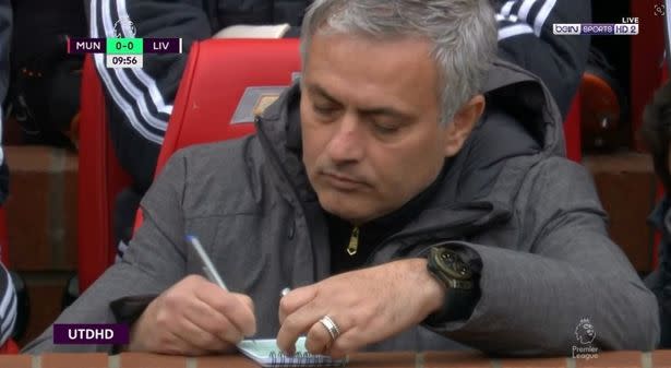Jose Mourinho was captured by the Sky Sports cameras taking notes against Liverpool.