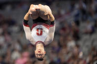 Stanford's Brenna Neault competes in the floor exercise during the NCAA women's gymnastics championships in Fort Worth, Texas, Thursday, April 18, 2024. (AP Photo/Tony Gutierrez)