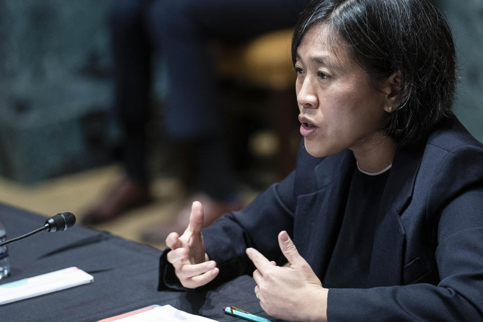 FILE - In this April 28, 2021, file photo, U.S. Trade Representative Katherine Tai testifies during a Senate Appropriations subcommittee on Commerce, Justice, Science, and Related Agencies hearing on Capitol Hill in Washington. The Biden administration is throwing its support behind efforts to waive intellectual property protections for COVID-19 vaccines in an effort to speed the end of the pandemic. Tai announced the government's position in May 5 statement, amid World Trade Organization talks over easing global trade rules to enable more countries to produce more of the life-saving vaccines. (Sarah Silbiger/Pool via AP, File)