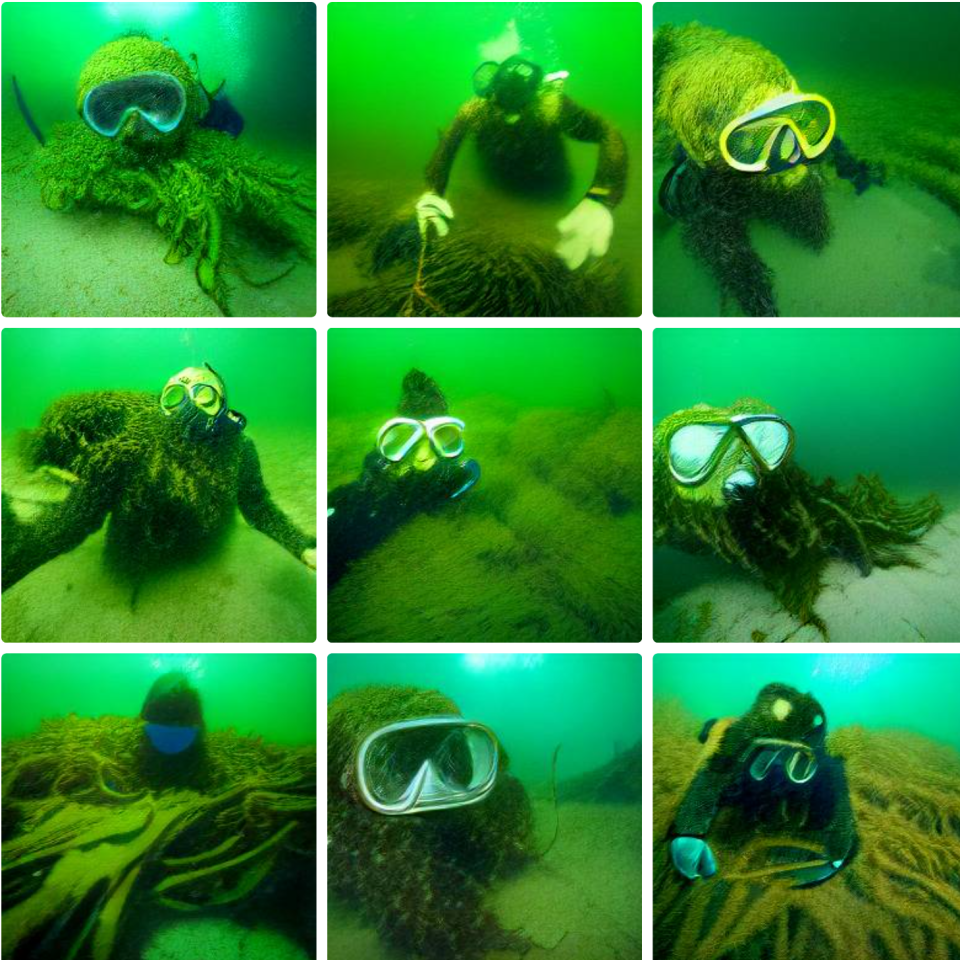 AI generated photos of a seaweed monster wearing diving goggles