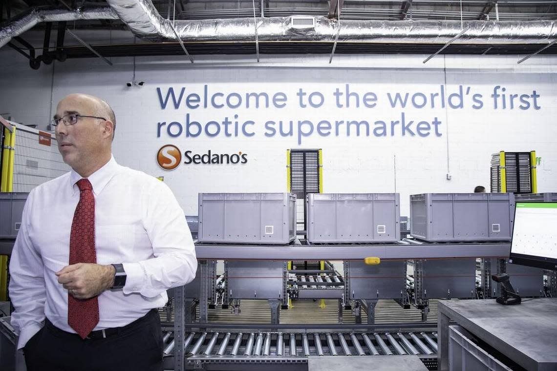 Sedanos Supermarket Chief Operating Officer Javier Herrán speaks to the media about the new robotic food loading system that will allow for customers to order their groceries online or through an app, making everything available for curbside pick-up at up to 15 locations, in Miami, FL, on Friday, February 1, 2019. The new fulfillment center is the first of its kind in the nation.