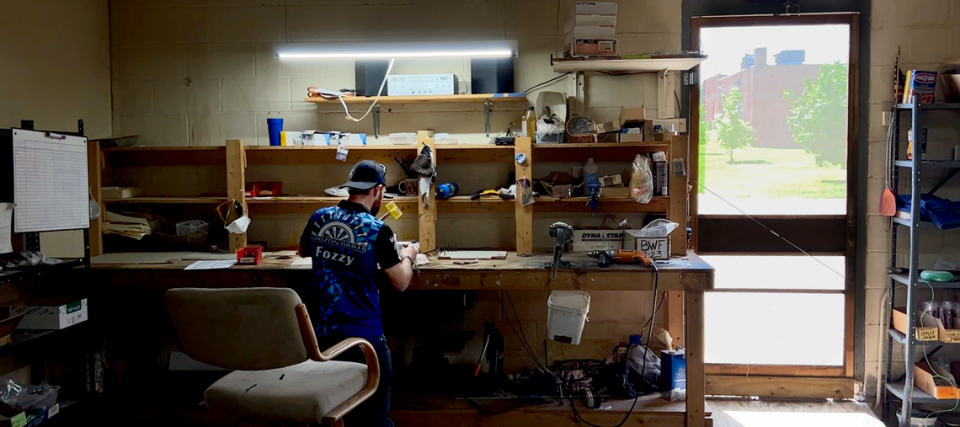 The work station where Horizon Darts’ Josh Foster assembles approximately 1,000 sets of darts every month.