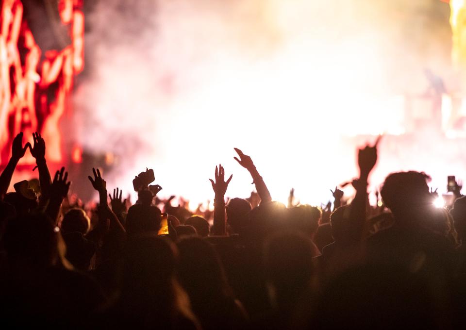 Fans cheer while watching Kaytranada at the Outdoor Theatre during the Coachella Valley Music and Arts Festival at the Empire Polo Club in Indio, Calif., Friday, April 21, 2023. 