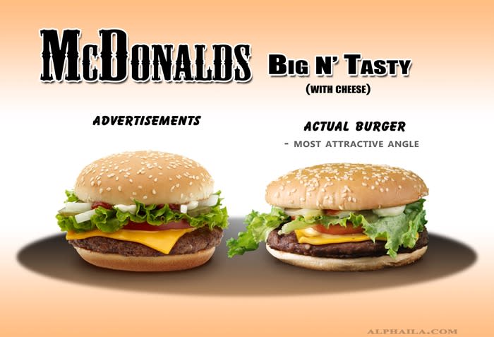 <strong><b>McDonald's Big N' Tasty</b></strong><br> <br> The advertised burger vs. an actual McDonald's Big N' Tasty burger. This item is the one that closest resembles its advertisement.<br> <br> (Image via <a href="http://www.alphaila.com/articles/failure/fast-food-false-advertising-vs-reality/" rel="nofollow noopener" target="_blank" data-ylk="slk:Dario D;elm:context_link;itc:0;sec:content-canvas" class="link ">Dario D</a>.)