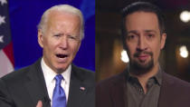 In this image from video, President Joe Biden, left, and Lin-Manuel Miranda recite a poem during the Celebrating America event on Wednesday, Jan. 20, 2021, following the inauguration of Joe Biden as the 46th president of the United States. (Biden Inaugural Committee via AP)