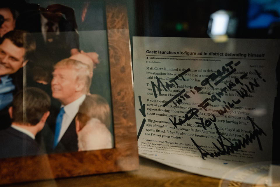 A note from Trump is prominently displayed in Gaetz's congressional office<span class="copyright">Shuran Huang for TIME</span>