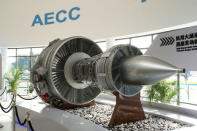 A mock-up of a Chinese-designed high-bypass turbofan engine for ChinaÕs civil jetliner programme is displayed inside the pavilion of a new state-owned engine-making giant, Aero Engine Corporation of China (AECC), at Airshow China in Zhuhai, Guangdong province, on November 3, 2016. REUTERS/Tim Hepher