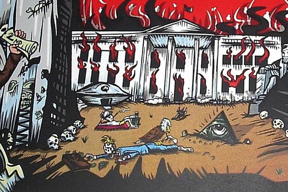 The controversial poster depicts the president's rotten corpse being eaten by a bald eagle on the lawn of a burning White House.