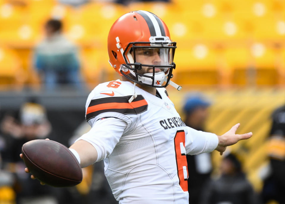 PITTSBURGH, PA - OCTOBER 28, 2018: Quarterback Baker Mayfield #6 of the Cleveland Browns stretches prior to a game against the Pittsburgh Steelers on October 28, 2018 at Heinz Field in Pittsburgh, Pennsylvania. Pittsburgh won 33-18. (Photo by: 2018 Nick Cammett/Diamond Images/Getty Images)  