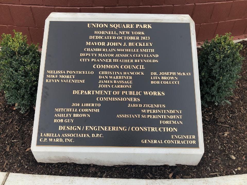 A monument captures a moment in time at Hornell's new Union Square Park at the corner of Seneca and Genesee.