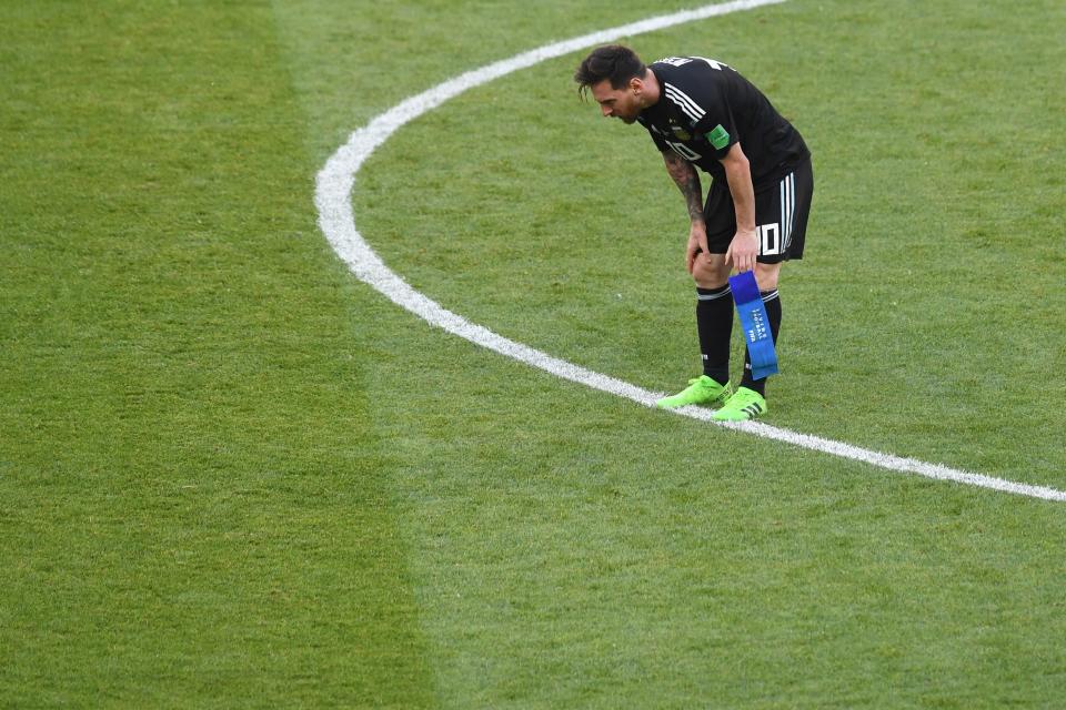 Lionel Messi reacts to Argentina’s 1-1 draw with Iceland. (Getty)