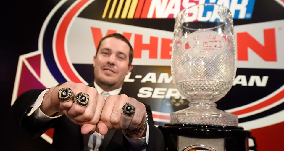 CHARLOTTE, NC - DECEMBER 11: 2015 NWAAS Champion Lee Pulliam poses with his championship trophy and three rings during the NASCAR All-American Series Awards at the Charlotte Convention Center on December 11, 2015 in Charlotte, North Carolina. (Photo by Jared C. Tilton/NASCAR via Getty Images)