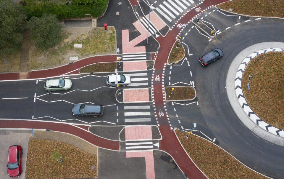 The UK's first Dutch-style roundabout � which prioritises cyclists and pedestrians over motorists � has opened in Fendon Road, Cambridge. The cost of the scheme, originally estimated at around GBP 800,000, has almost trebled to GBP 2.3m at the end of the project.