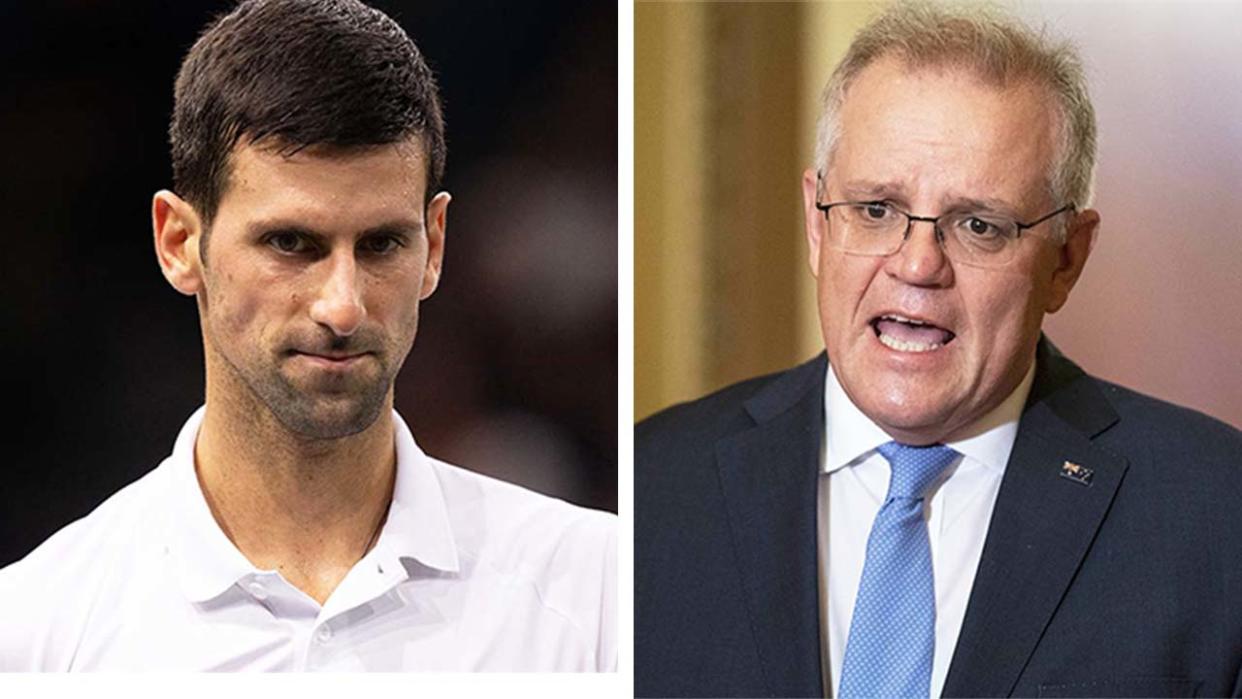 Australian Prime Minister Scott Morrison (pictured right) during a press conference and tennis player Novak Djokovic (pictured left) during a match.